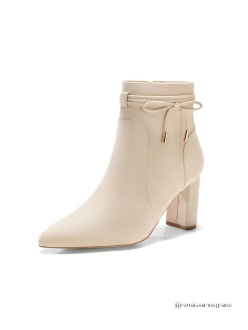Womens Pointed Toe Ankle Boots Chunky Block Heel Bow Side Zip Faux Suede